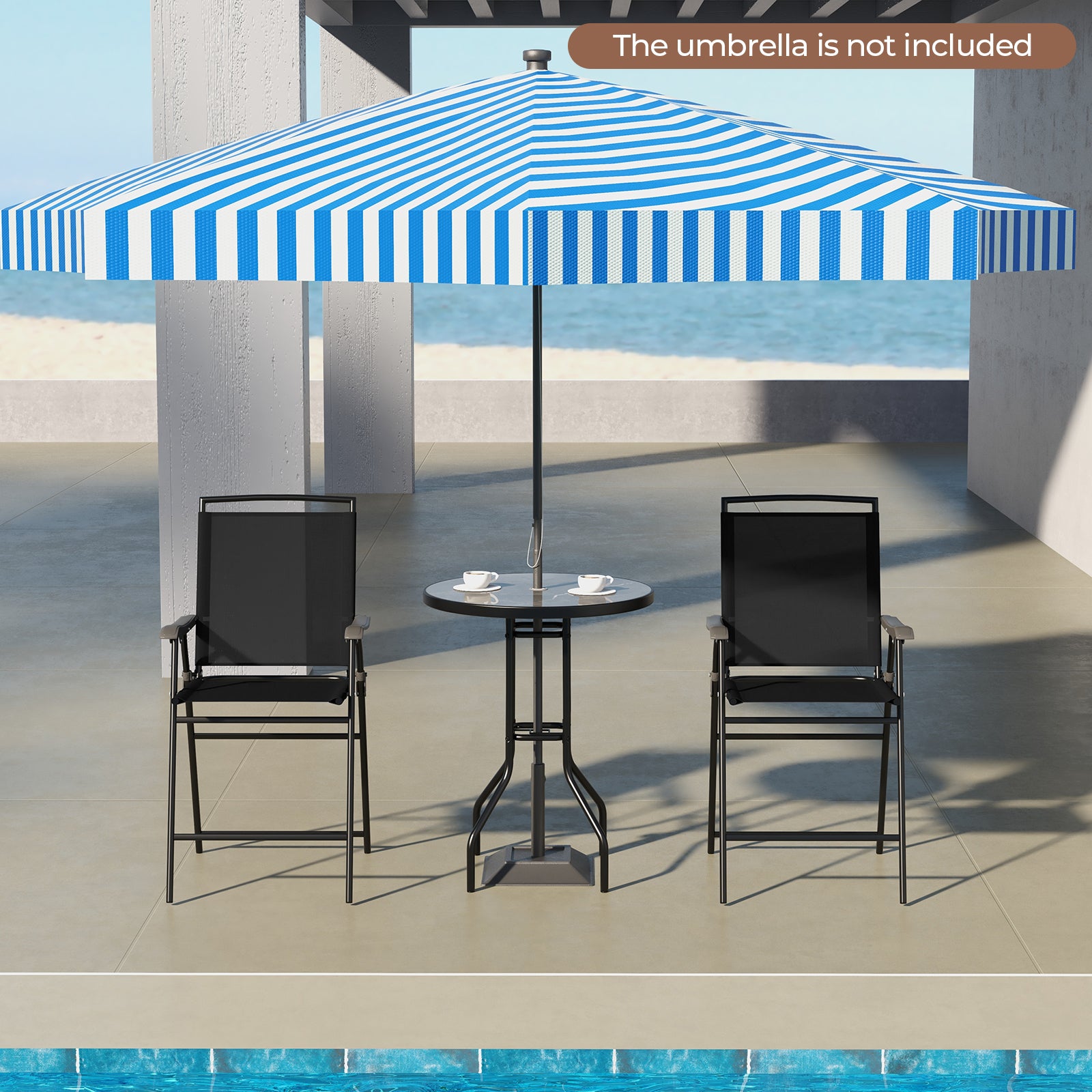 3-Piece Outdoor Bar Stool Set with DPC Tabletop and Umbrella Hole and Footrest-Black